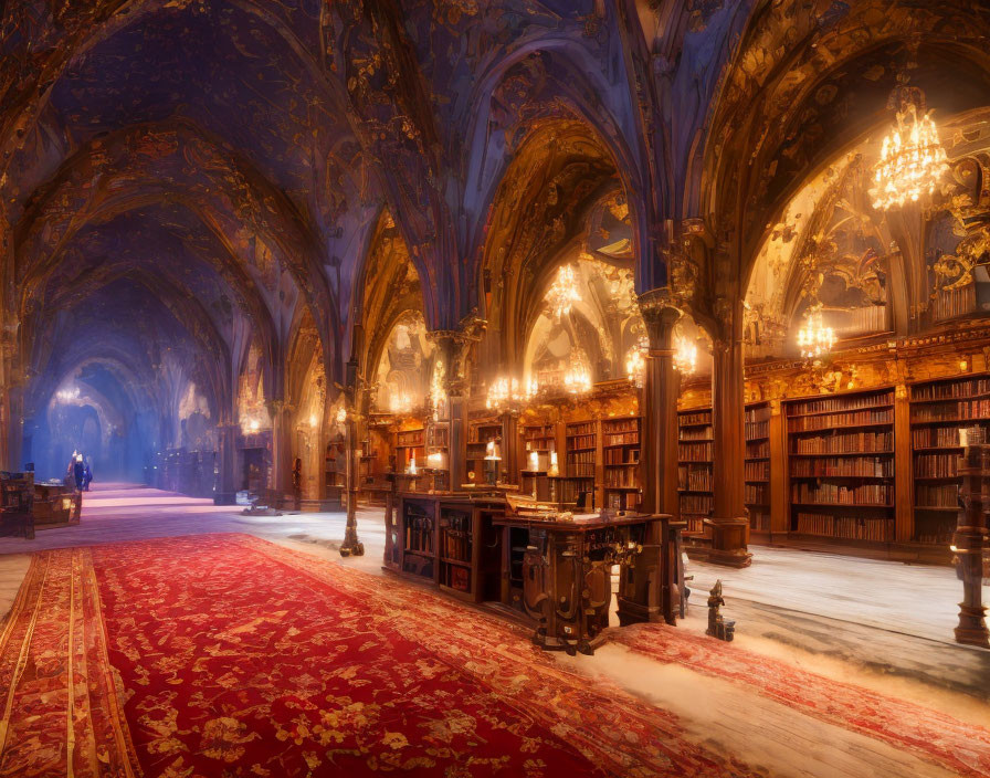 Luxurious Library with Arched Ceilings, Ornate Shelves, and Golden Chandeliers