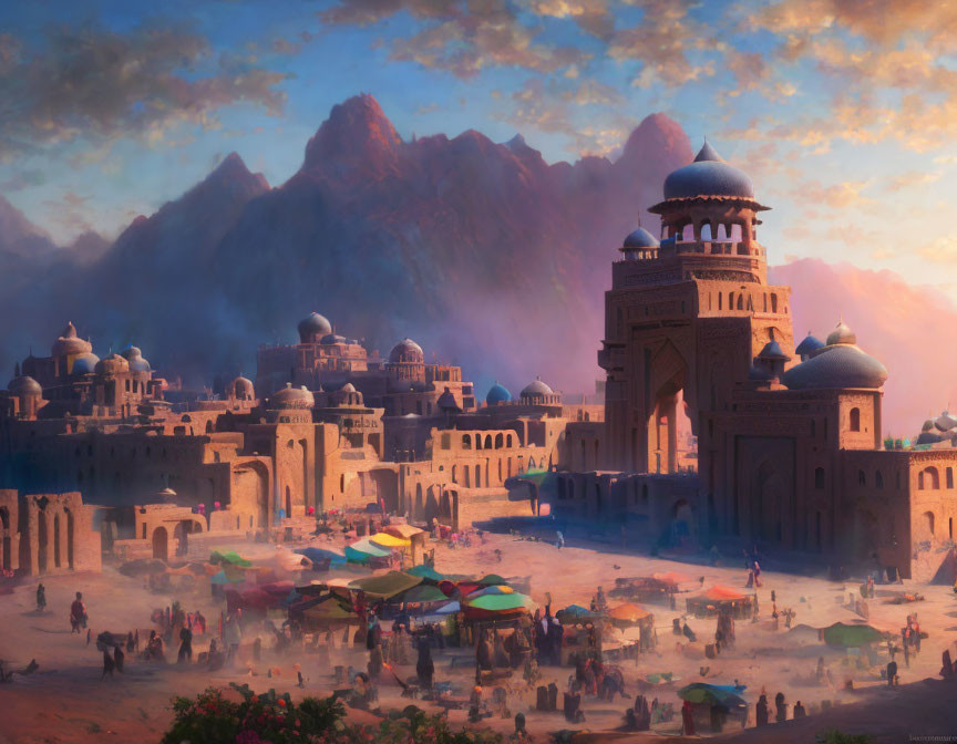 Ancient City with Ornate Domes in Desert Landscape at Sunset