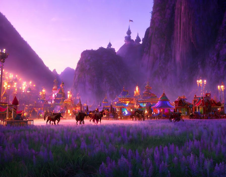 Colorful animated scene: horses, carriage, tents, lanterns, castle on mountainside at dusk