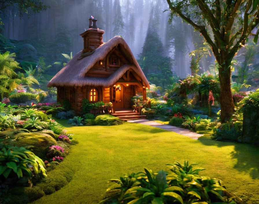 Thatched-Roof Cottage in Lush Forest Clearing at Dawn or Dusk