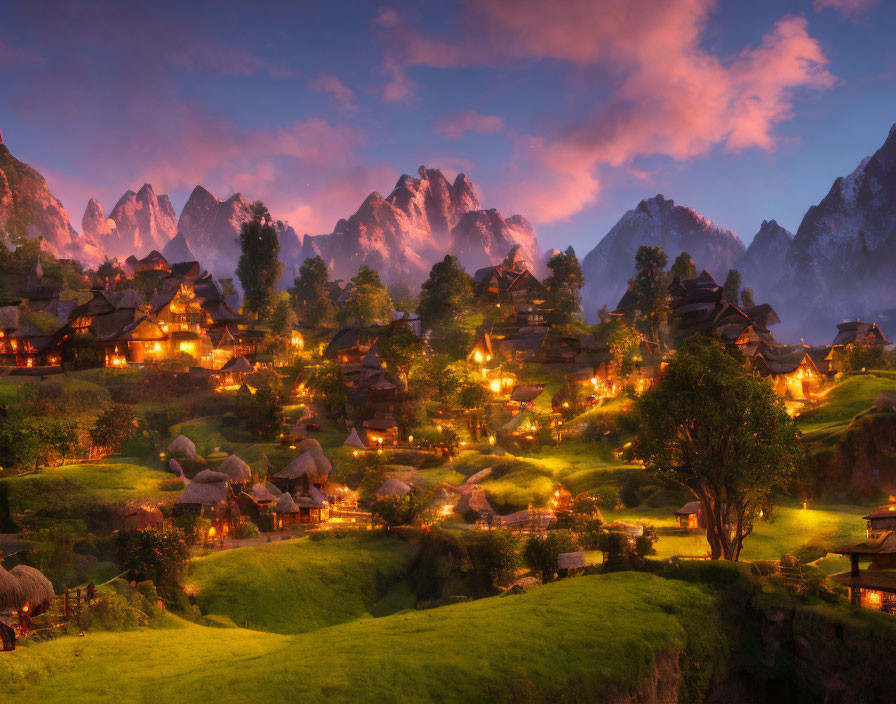 Scenic village with thatched cottages in lush hills at twilight