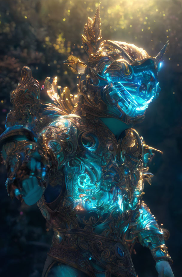 Armored figure with glowing blue visage in mystical forest ambiance