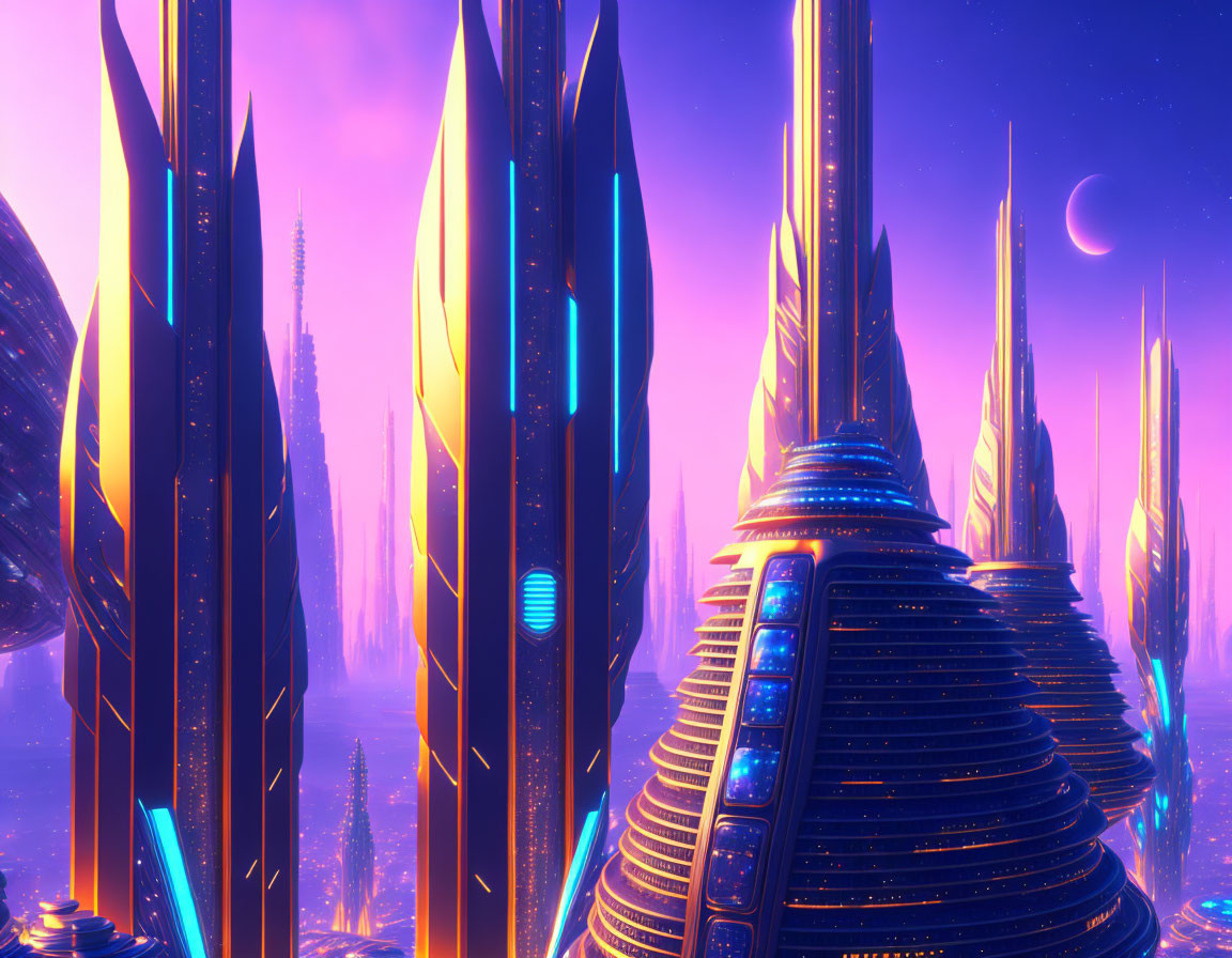 Futuristic cityscape with glowing neon towers at twilight