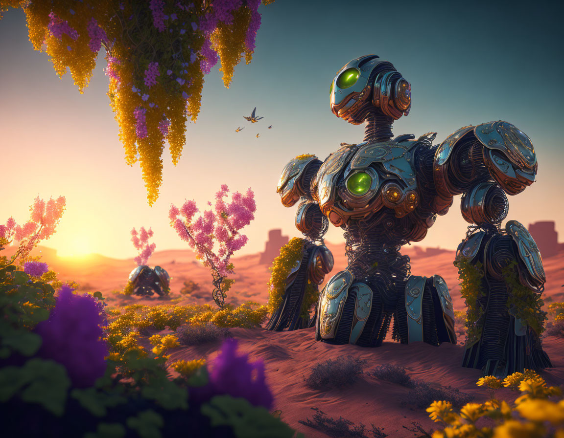 Robotic figure in desert landscape with purple plants under warm sunset sky