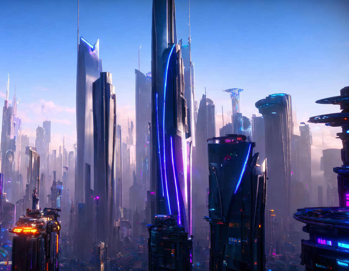 Futuristic cityscape at dusk with towering skyscrapers in purple and blue light