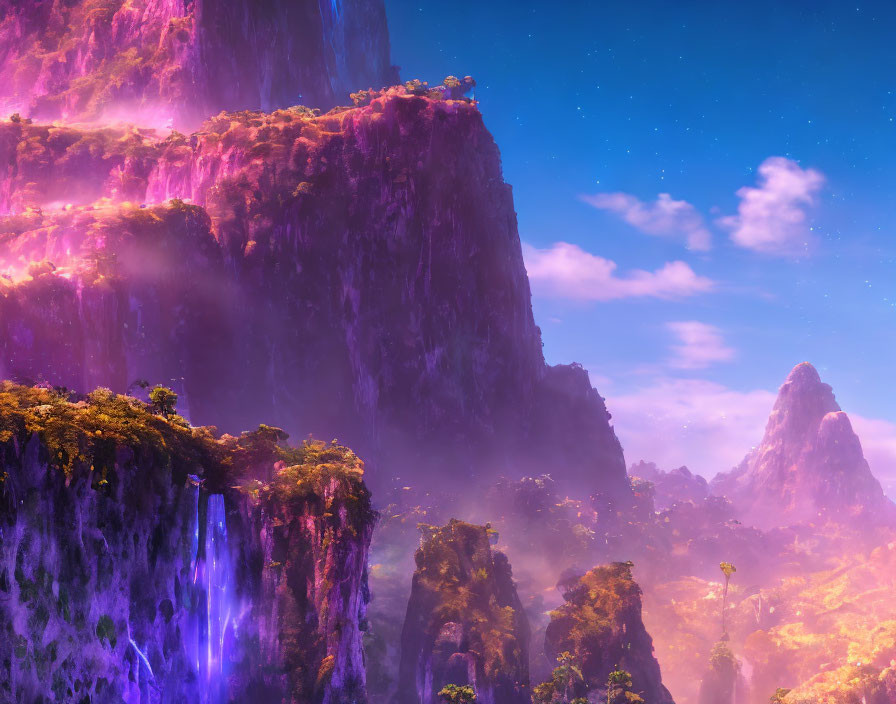 Purple Mountains with Waterfalls under Starry Sky: Surreal Fantasy Scene