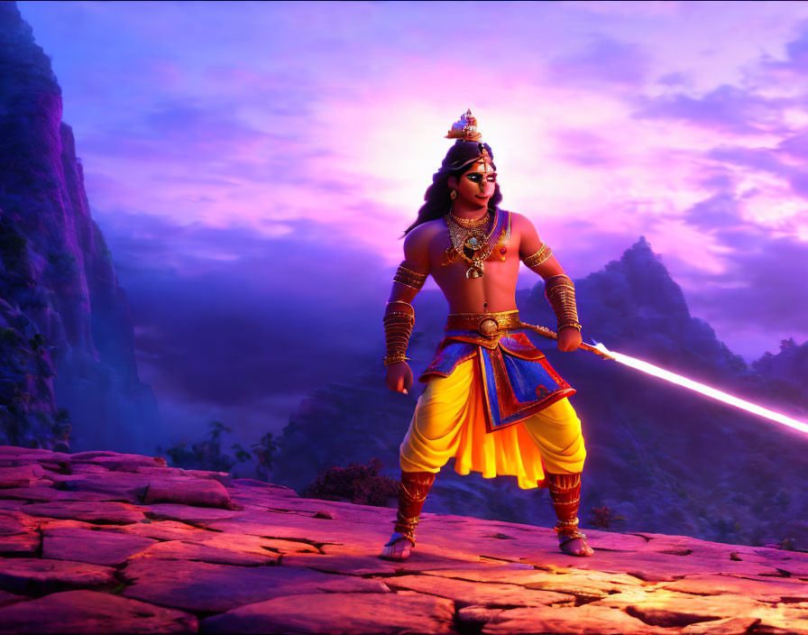 Mythological figure on cliff with bright light weapon under purple sky