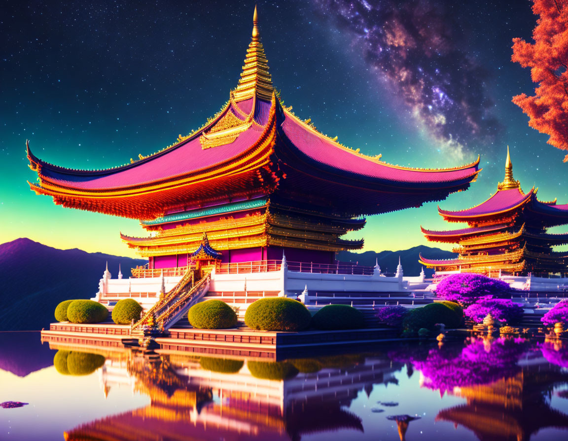 Asian Pagoda Buildings by Reflecting Water under Starry Sky