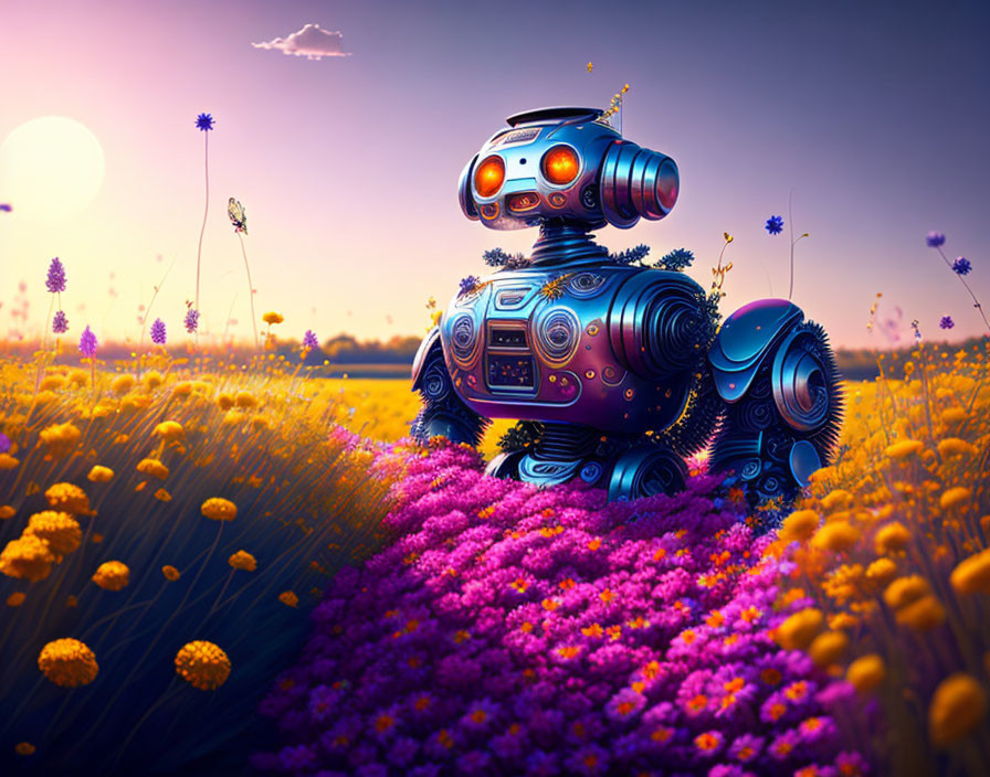 Colorful robotic creature in purple and yellow flower field at dusk