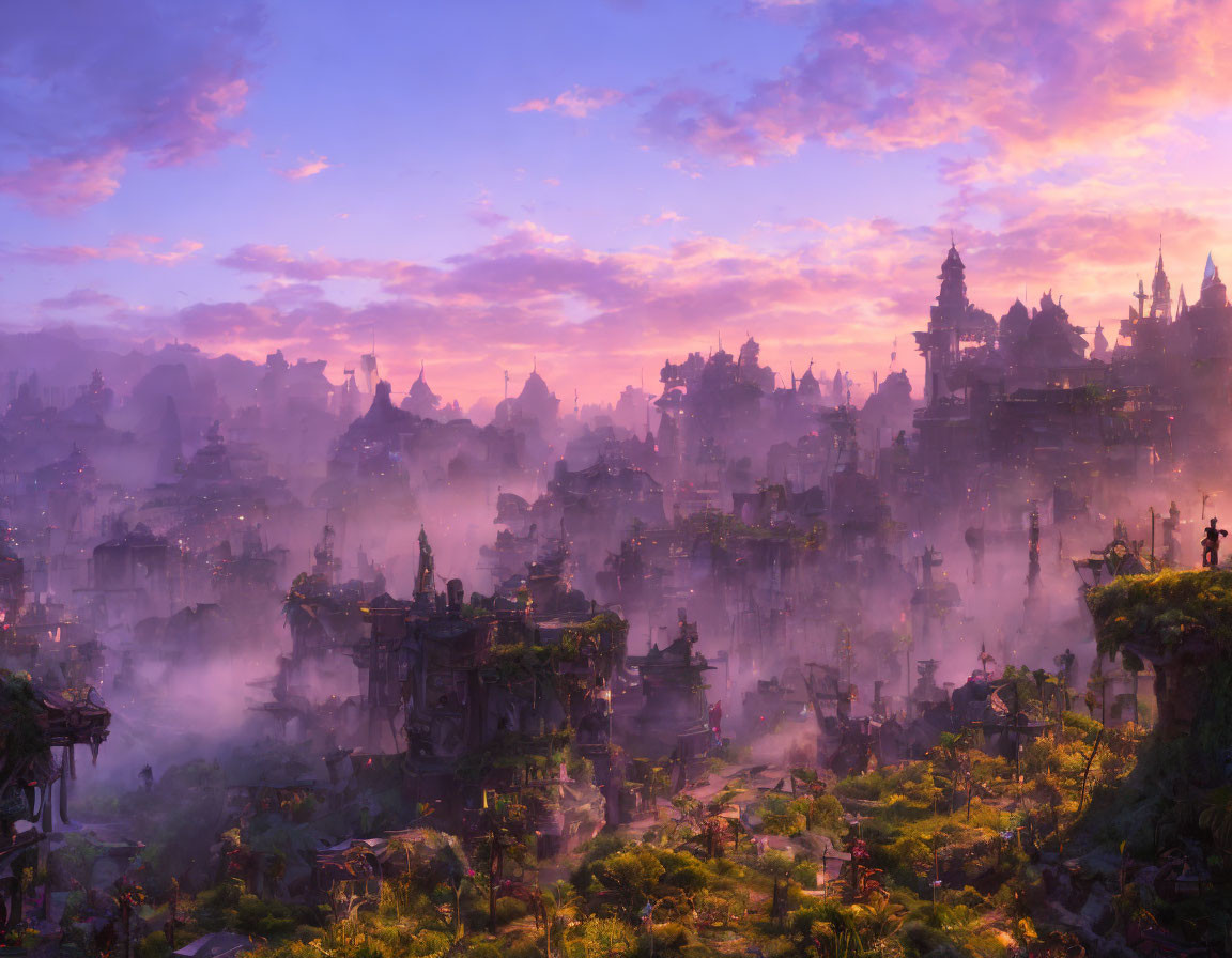 Ancient city with temples and spires in mystical sunrise landscape