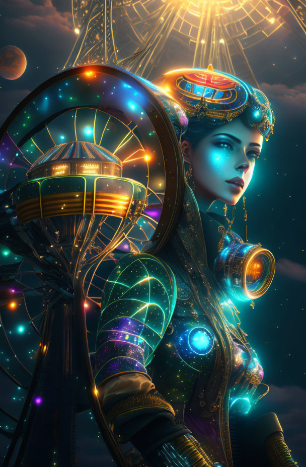 Glowing blue-skinned futuristic woman with celestial accessories in cosmic setting