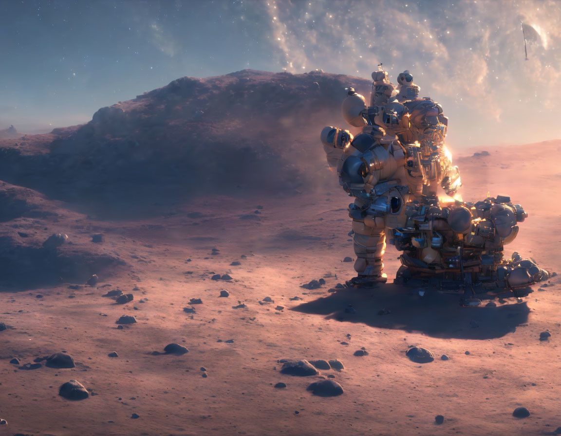 Futuristic rover on dusty alien planet with sunlit rocky terrain and large nebula.