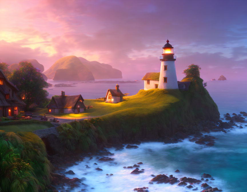 Tranquil coastal sunset with lighthouse, cottages, and sea