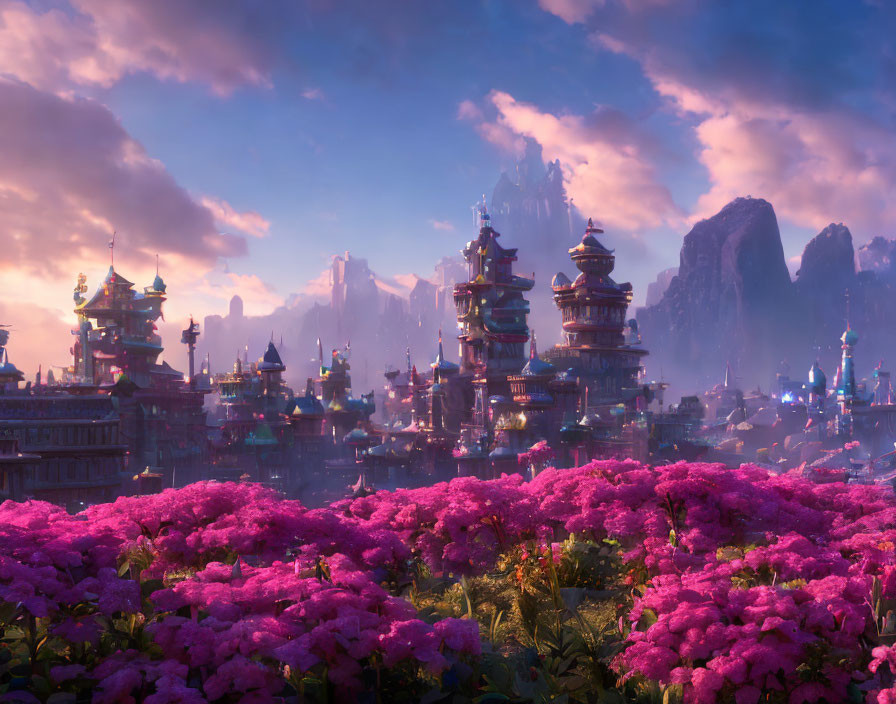 Fantasy cityscape at sunset with pagoda-style buildings and mountain backdrop