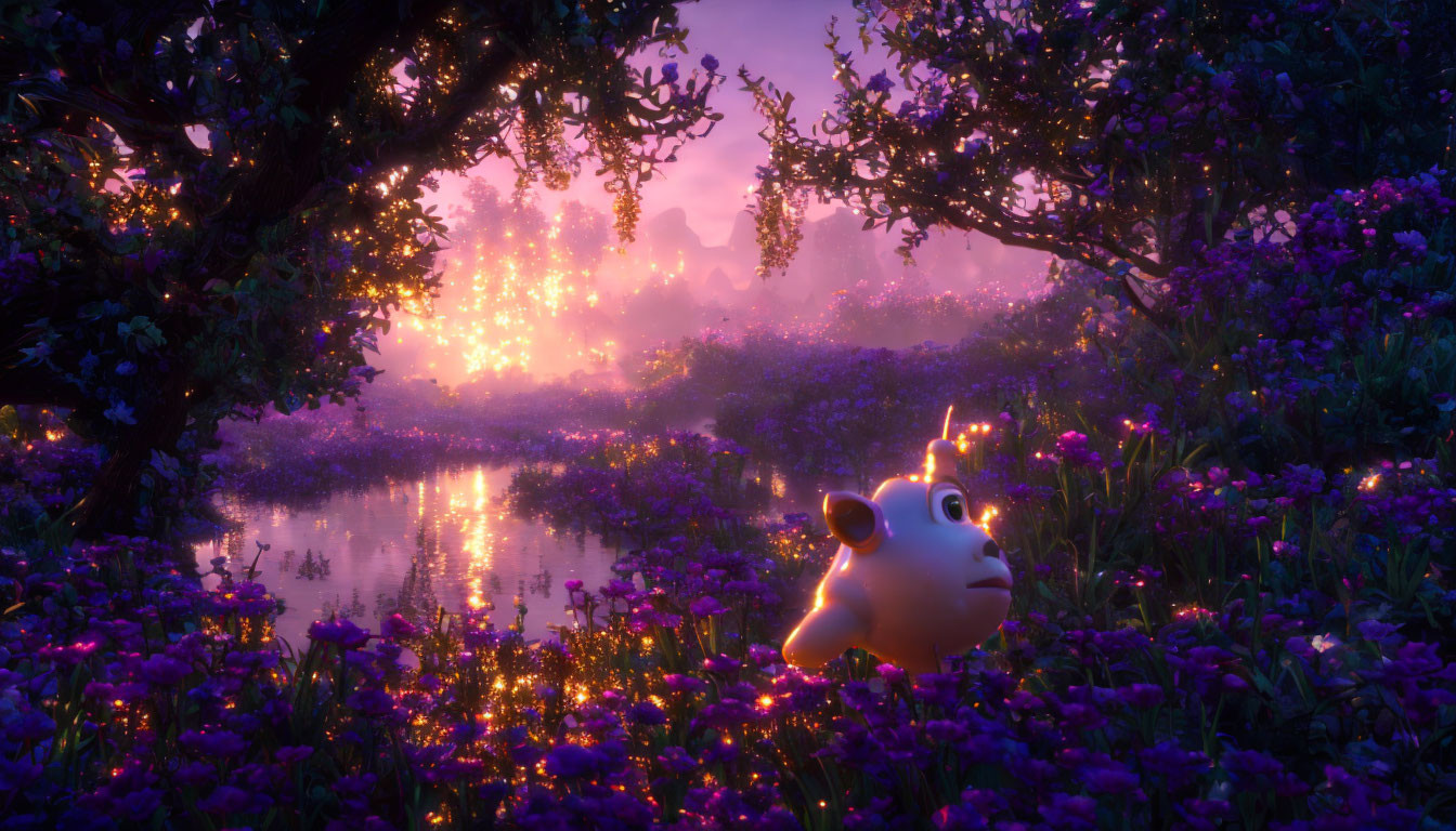 Colorful Cartoon Creature in Purple Flower Garden at Sunset