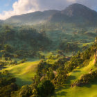 Mystical landscape with golden sunrise, rolling hills, lush greenery, ornate buildings, and