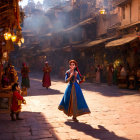 Young girl in Disney princess costume dances at vibrant street market.