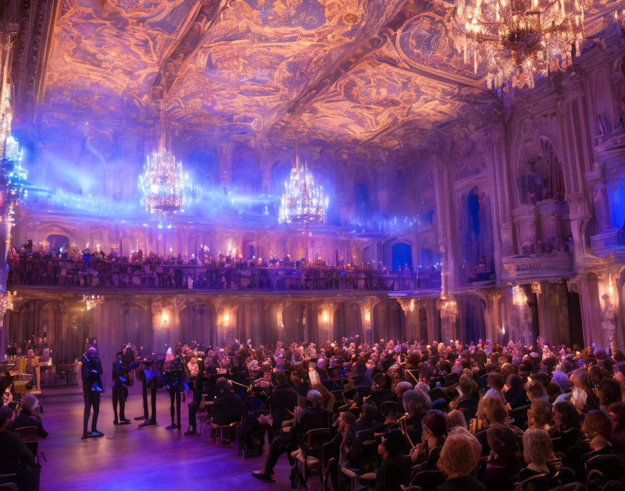 Elegant hall with ornate ceilings and chandeliers, audience enjoying classical music performance under blue lighting