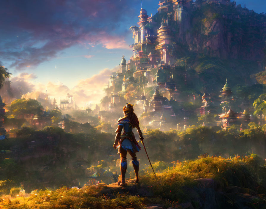 Warrior overlooking sunlit fantasy city with spires and greenery