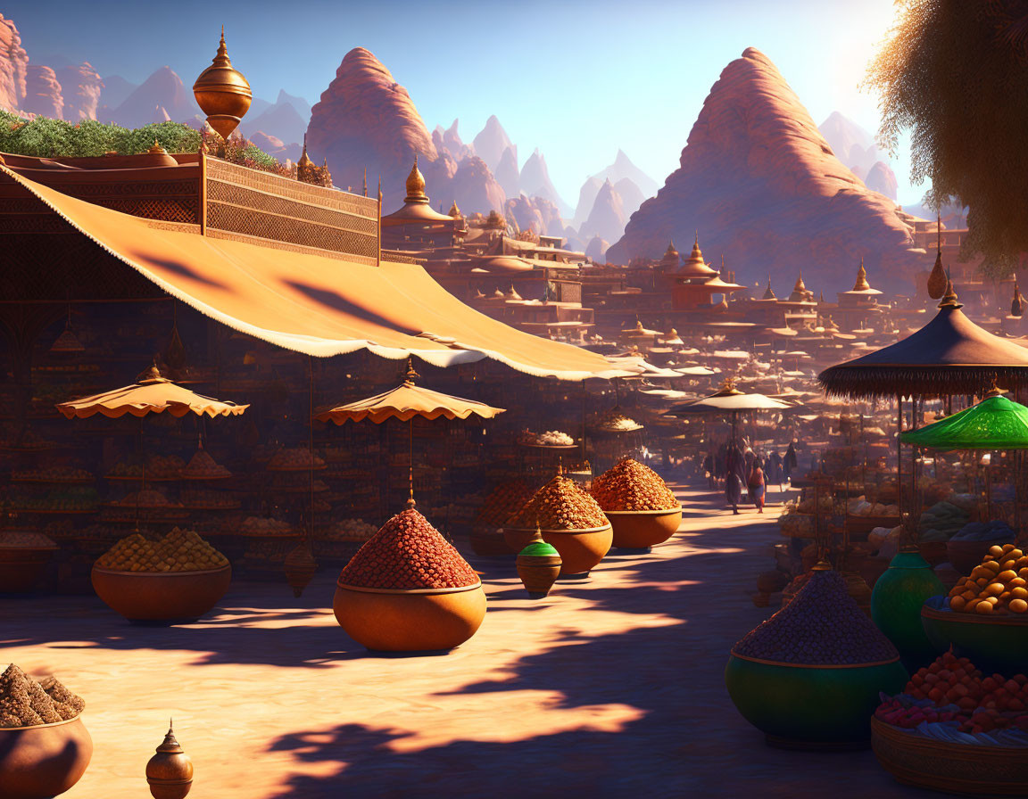 Vibrant animated market scene with mystical mountain backdrop