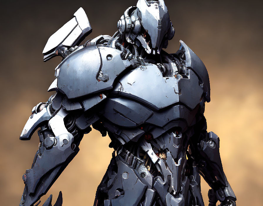 Detailed humanoid robot with metallic exoskeleton and armored plates on blurred background