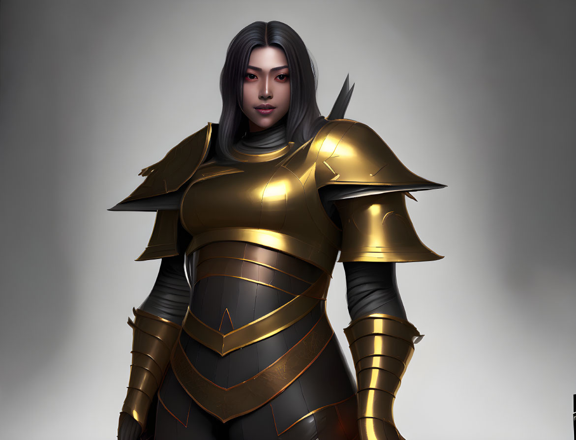 Digital illustration: Person with silver hair in golden and black armor, exuding stern confidence