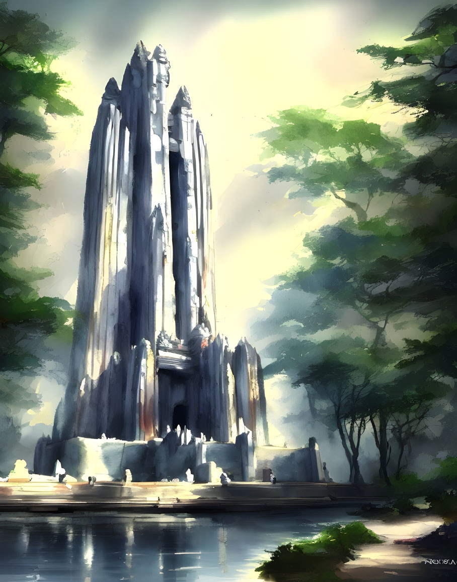 Majestic fantasy tower in sunlit forest with figures by serene pool