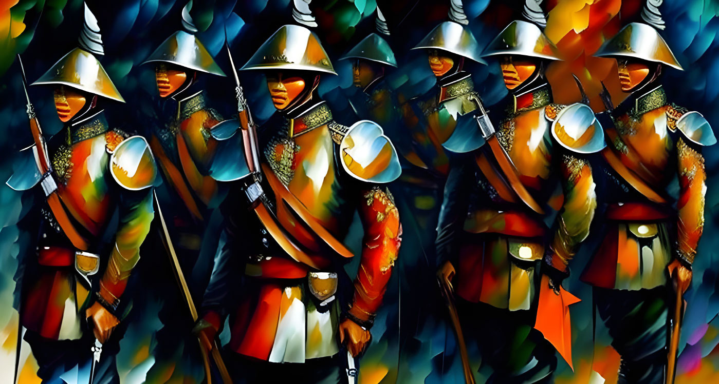 Historical soldiers painting in vibrant orange and blue tones