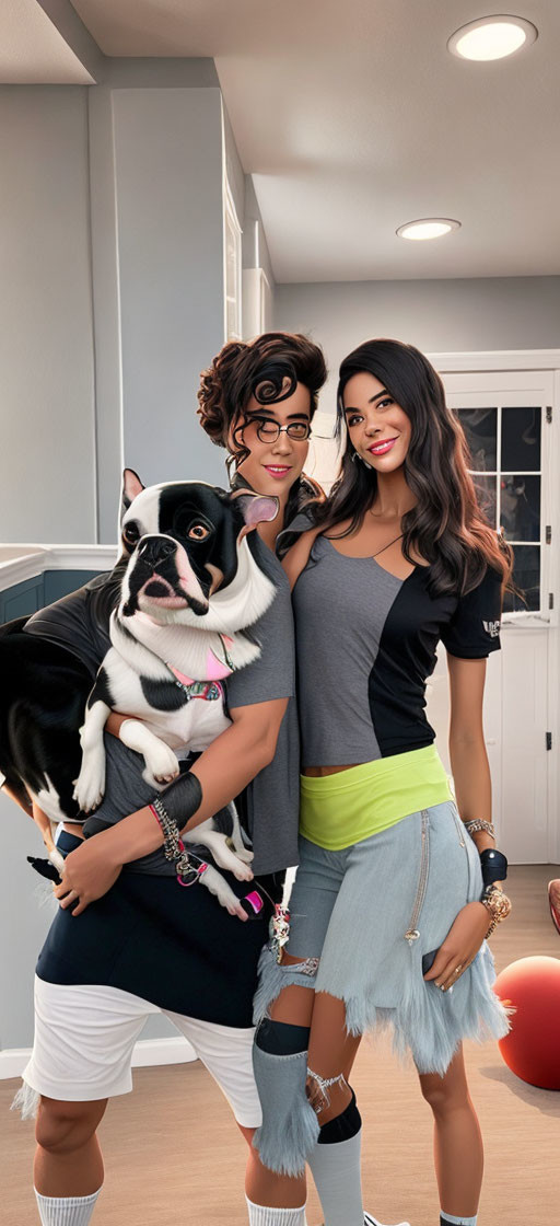 Two Women with Dog in Gym Setting with Exercise Equipment