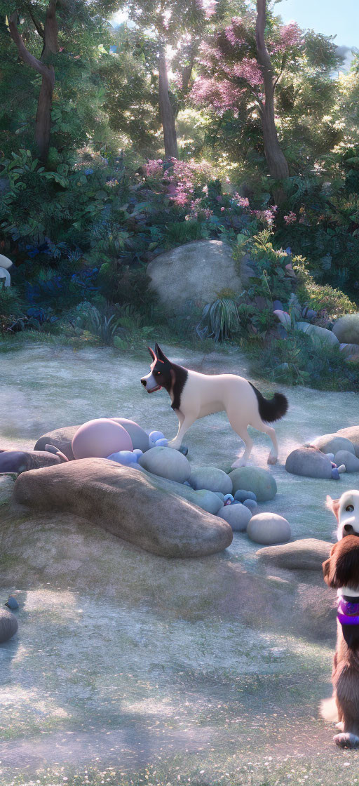 Lush garden scene with husky dog and creatures among rocks and greenery