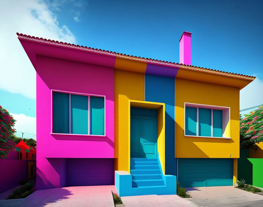 Colorful Two-Story House with Pink Upper Level and Yellow & Blue Lower Level