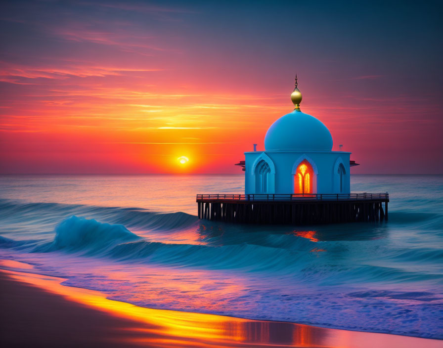 Tranquil sea sunset with orange sky and white dome structure