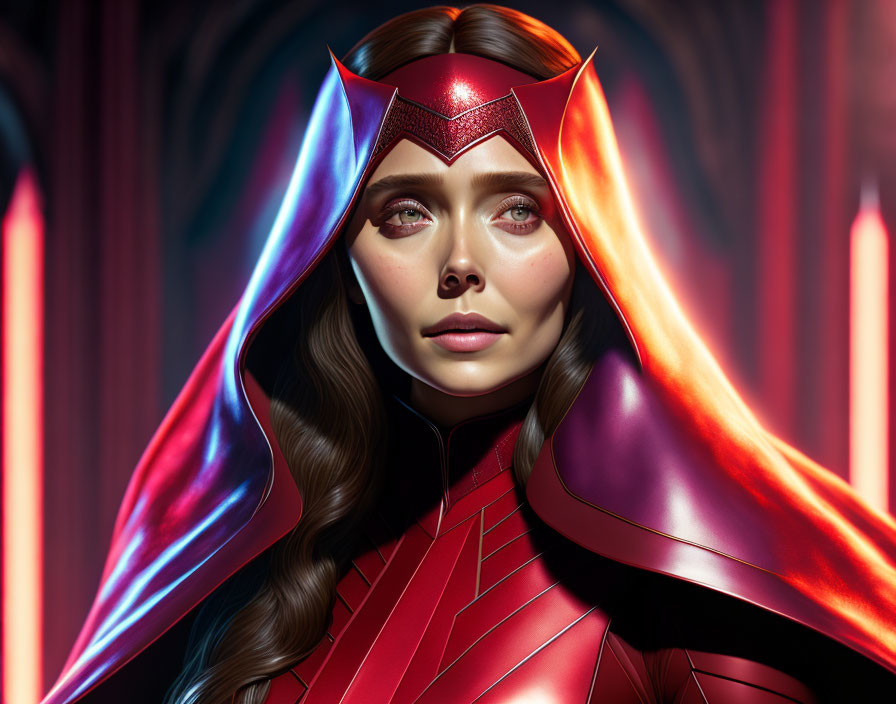 Digital artwork: Woman in red superhero costume with winged mask and cape in futuristic setting