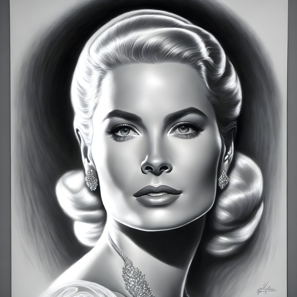 Monochrome digital portrait of woman with Hollywood glamour style