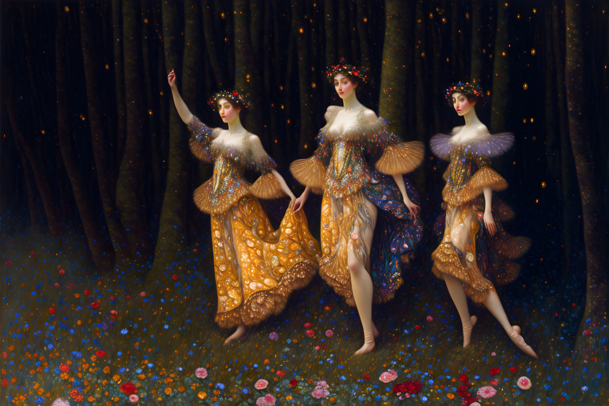 Ethereal women with wings and floral crowns dancing in starlit glade