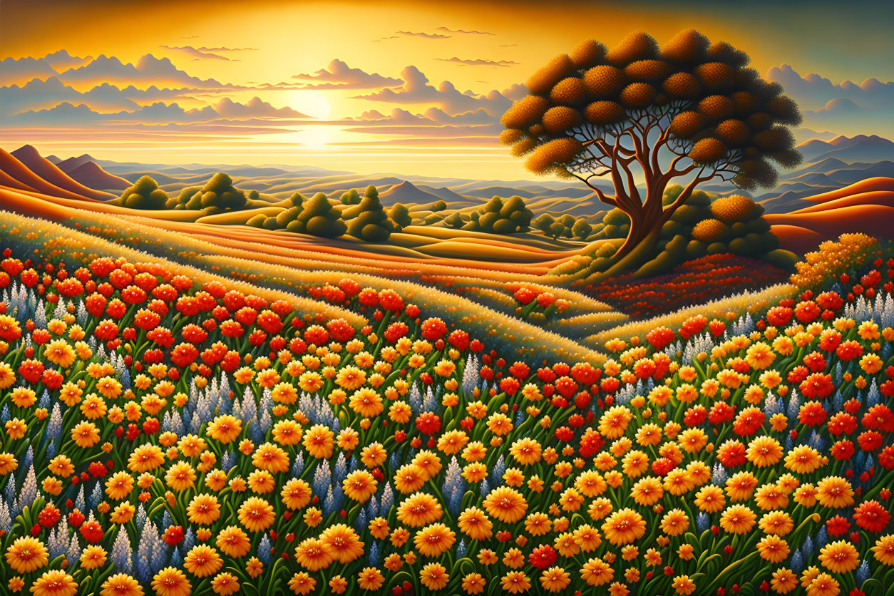 Colorful Sunset Landscape with Tree and Blooming Fields