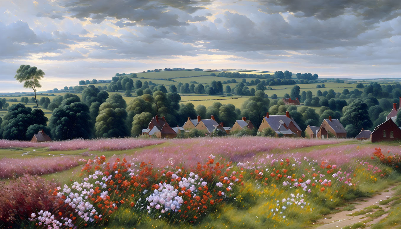 Scenic landscape with dirt path, green fields, flowers, houses, and cloudy sky