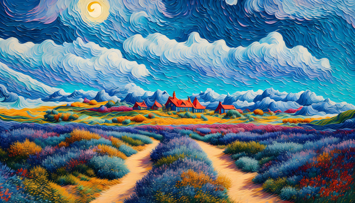 Colorful rural scene painting with village, floral fields, and crescent moon