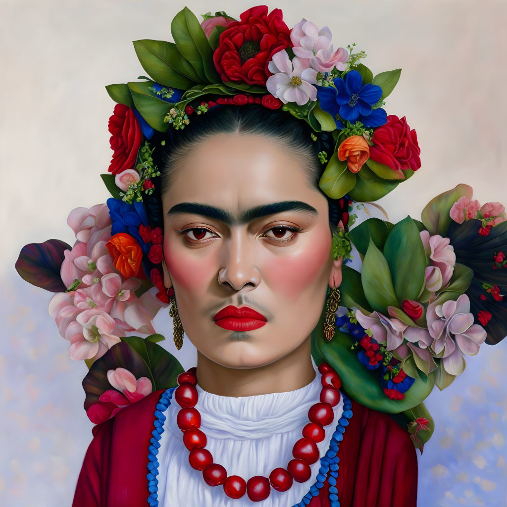 Portrait of a woman with floral headpiece, red shawl, and blue bead necklace