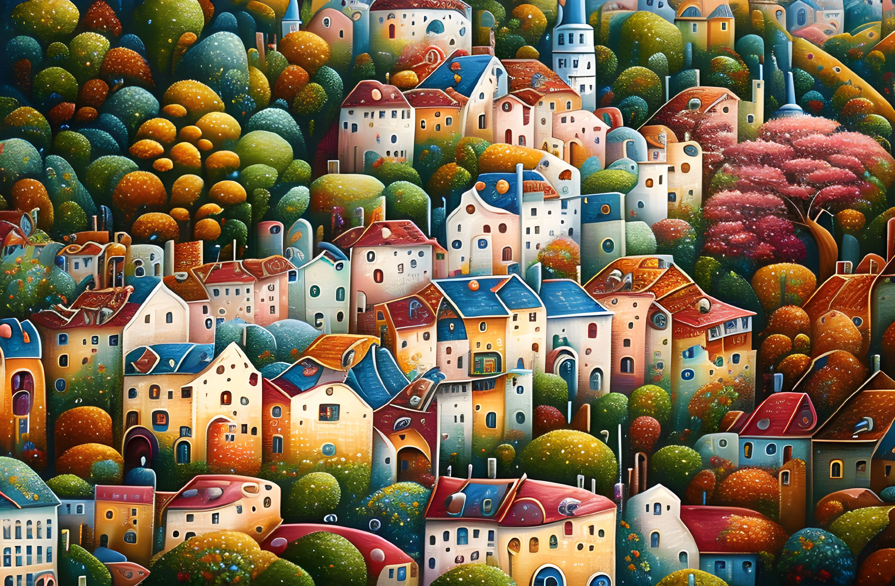 Colorful painting of whimsical village with stylized houses and lush trees.