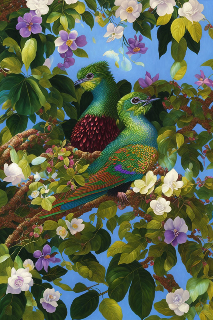 Colorful Parrots on Branch Amid Lush Foliage and Blossoms