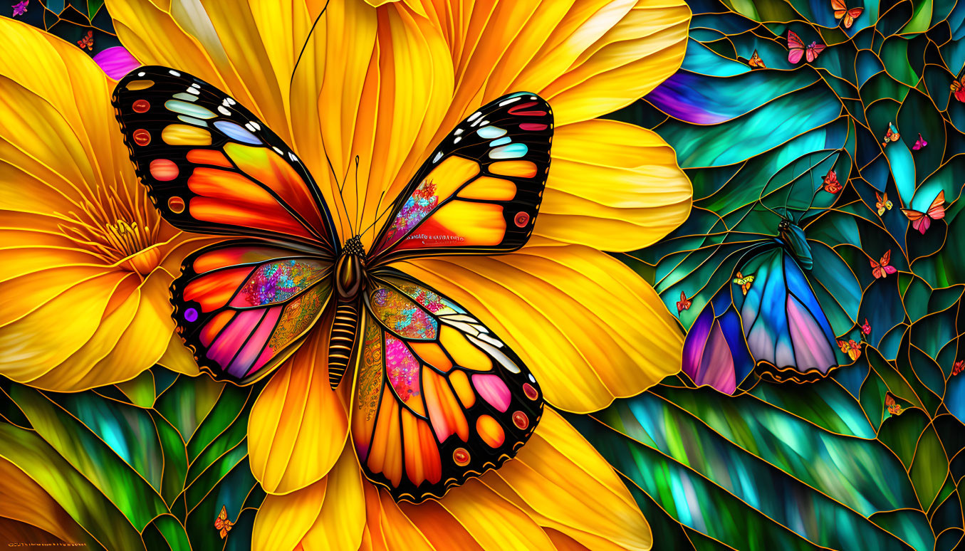 Detailed Butterfly Artwork on Bright Orange Flower with Multiple Butterflies