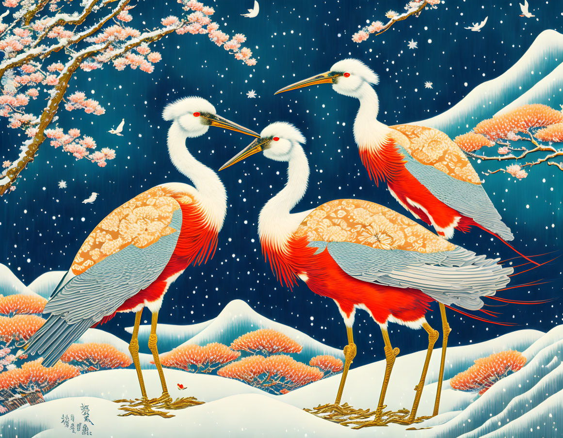 Stylized illustration of red-crowned cranes under starry sky, cherry blossoms, snow