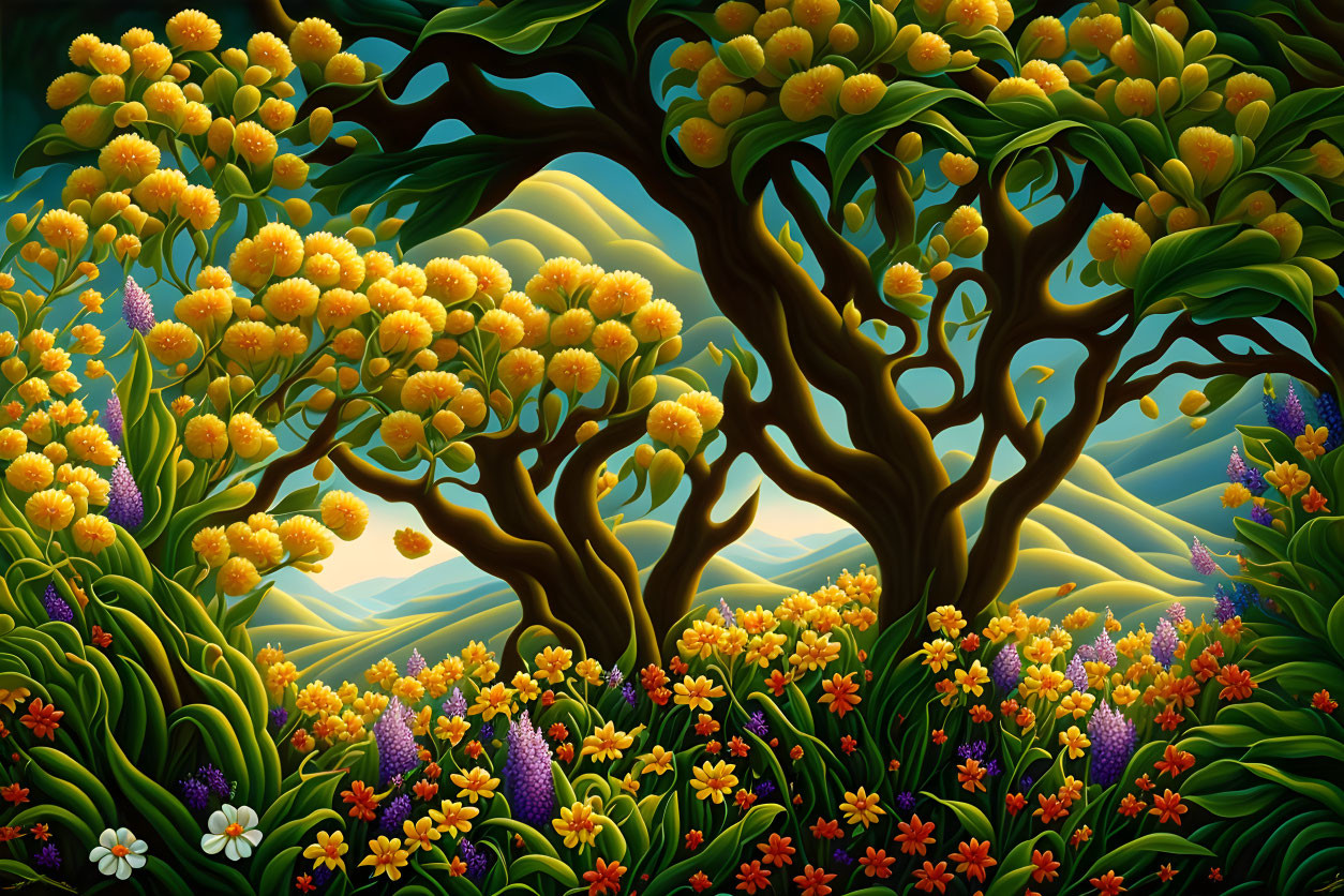 Colorful Fantasy Garden with Whimsical Trees and Flowers