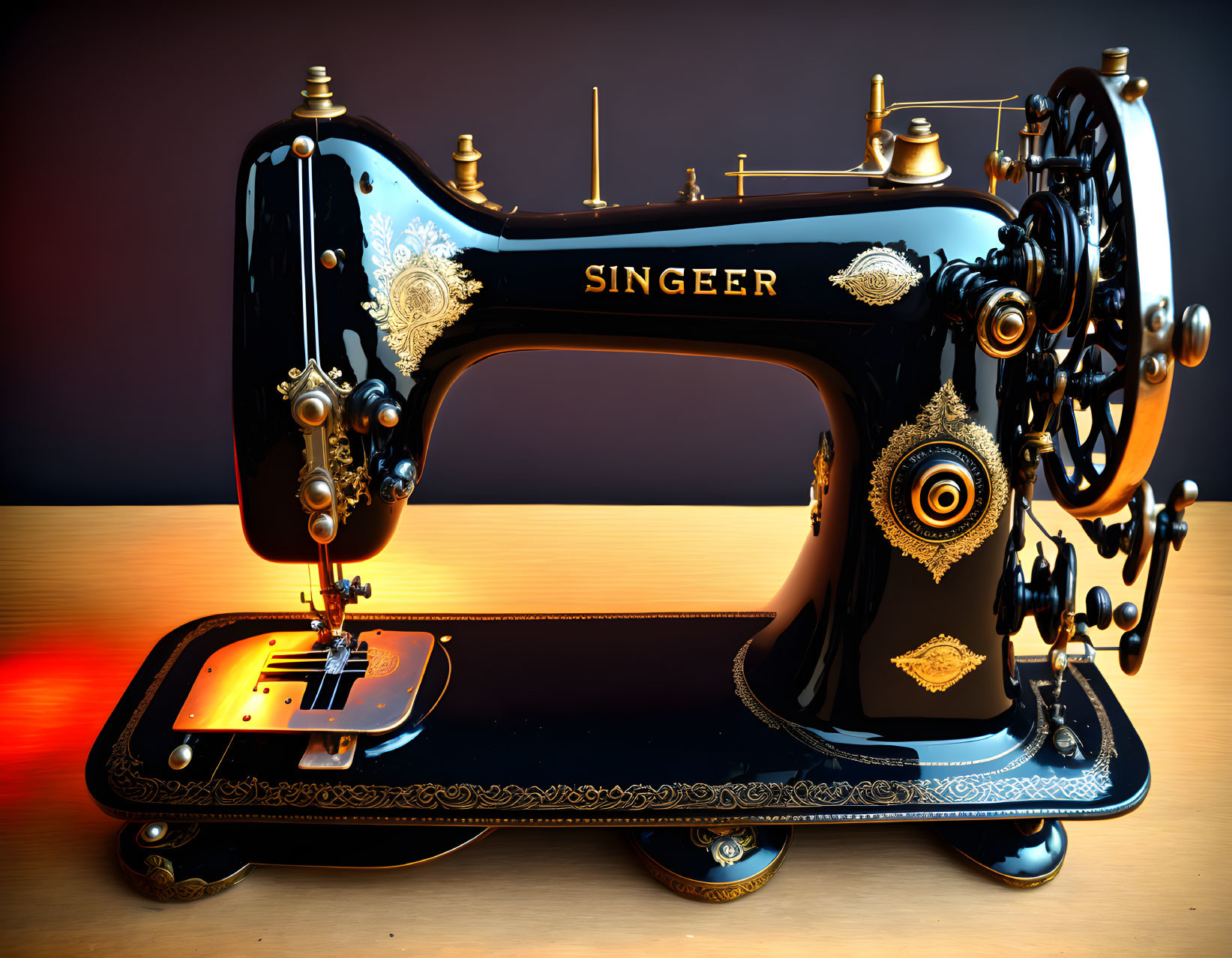 Vintage Black and Gold Sewing Machine on Wooden Table