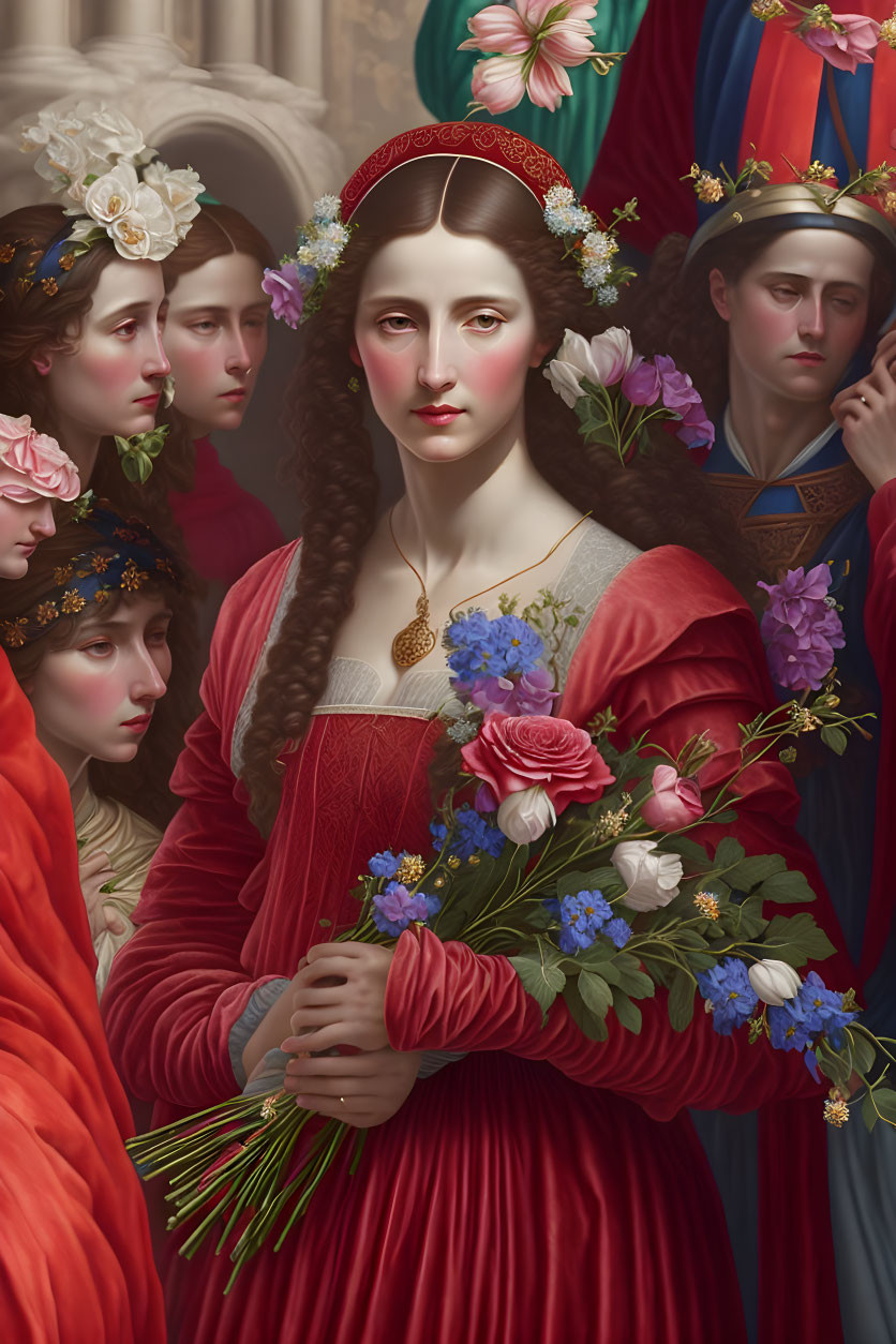 Artwork featuring woman in red dress with flowers, surrounded by somber figures in vibrant attire