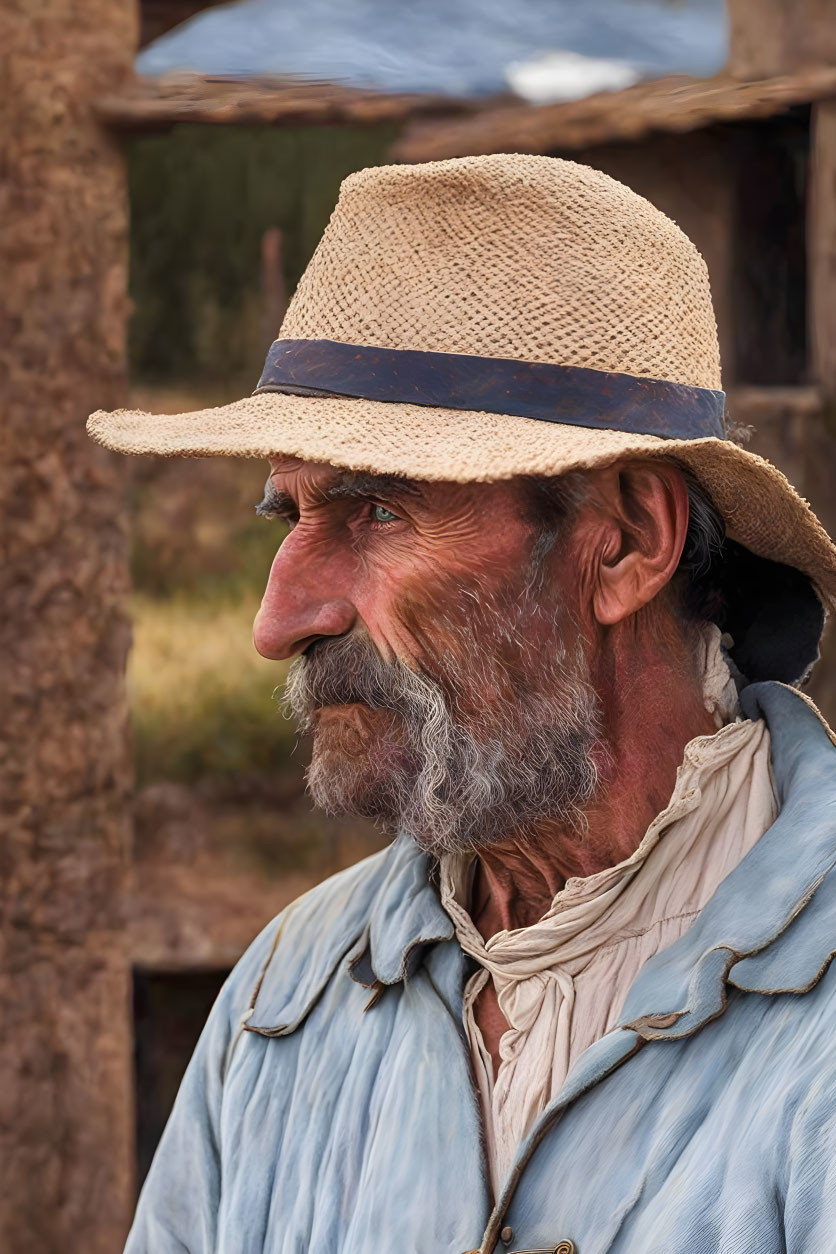 Weathered-faced elderly man in straw hat and blue shirt staring, rustic wooden structure in background