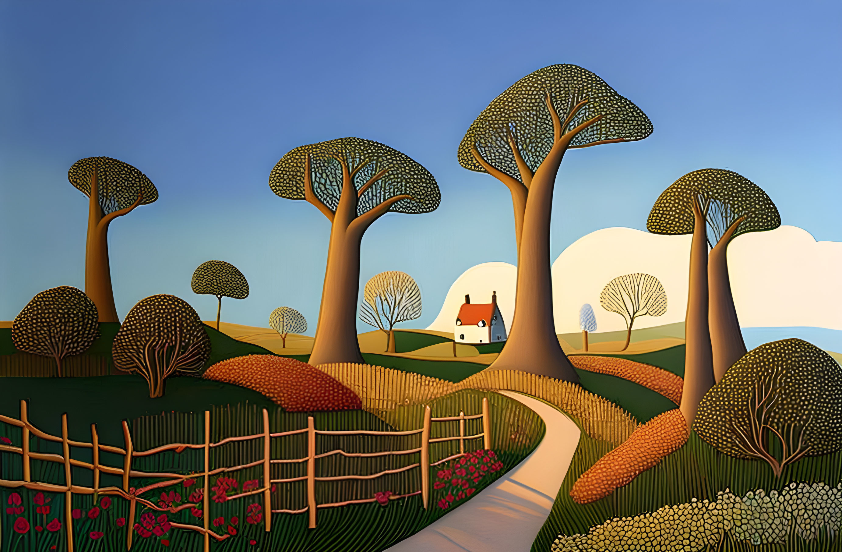 Exaggerated rounded trees, small house, winding path, detailed fence in stylized landscape.