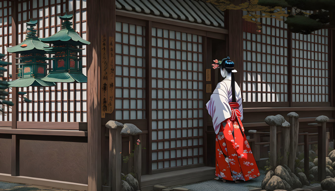 Traditional kimono-clad woman by Japanese house with garden, lantern, and pagoda