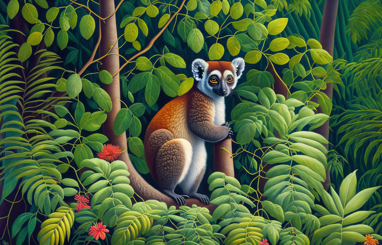 Lemur on Tree with Green Foliage and Red Flowers